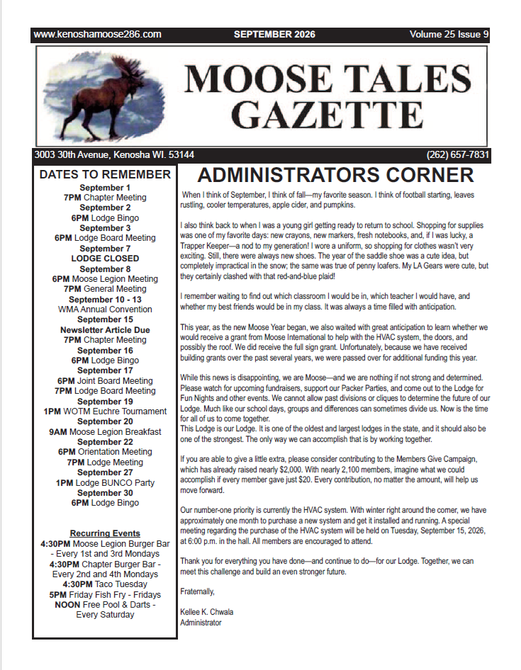 Moose Tales Gazette, September 2026 Moose Tales Gazette, September 2026